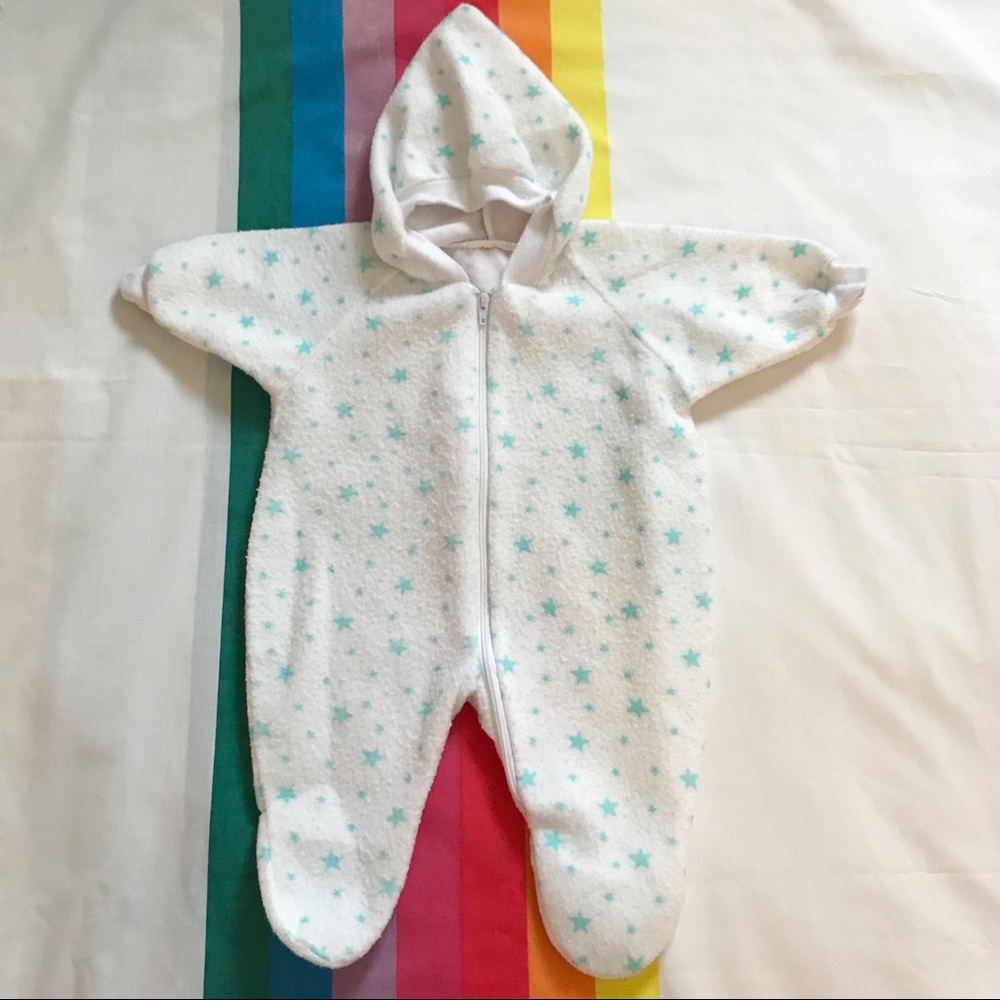 80s Blue Star Pattern Hooded Footie Pajamas